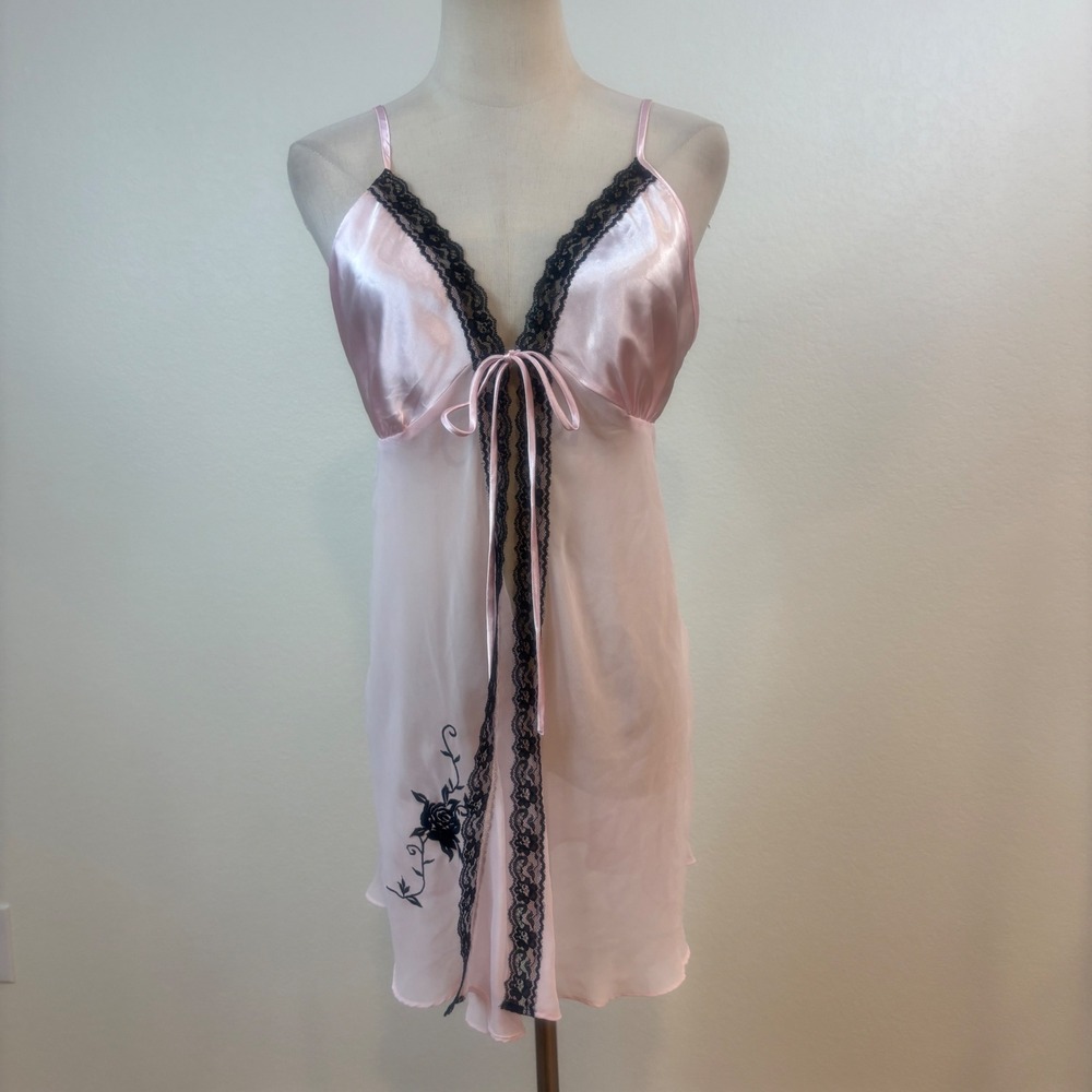 Secret Treasures Babydoll Nightie Women M Pink Sheer Lace Tie Front Coquette